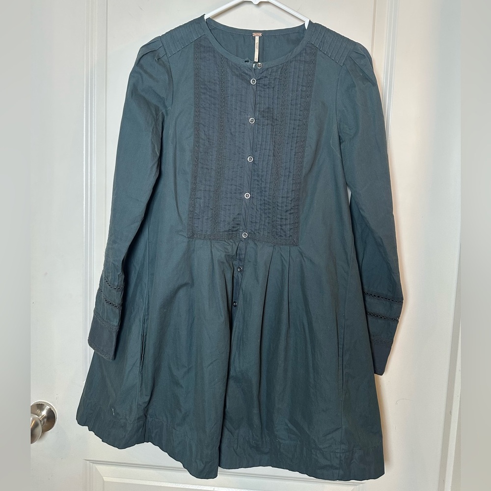 Free People Pintuck Button Up Pleated Babydoll Cotton Blend Green Dress, XS